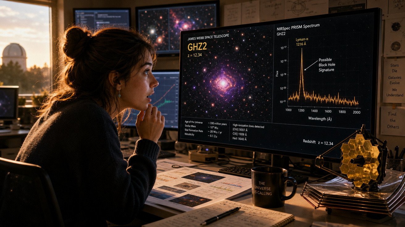 Mulher observa dados e imagem de galáxia em monitor de computador em sala com equipamentos astronômicos ao entardecer.