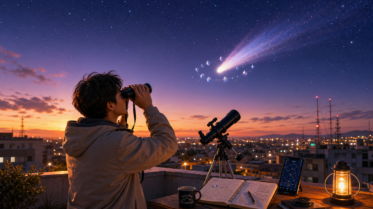 Pessoa usando binóculo para observar cometa no céu estrelado ao pôr do sol em um terraço urbano.