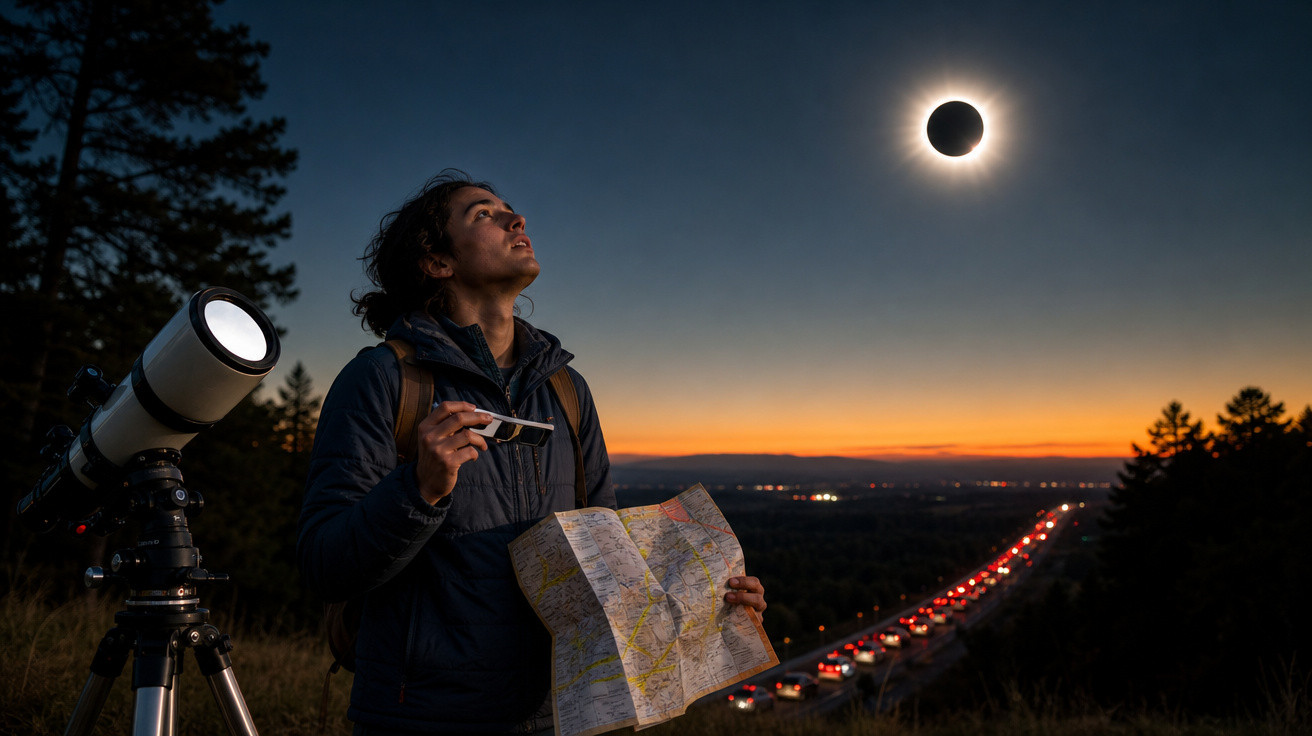 Pessoa com mapa e óculos escuros observa eclipse solar total ao entardecer próxima a telescópio e estrada com carros.