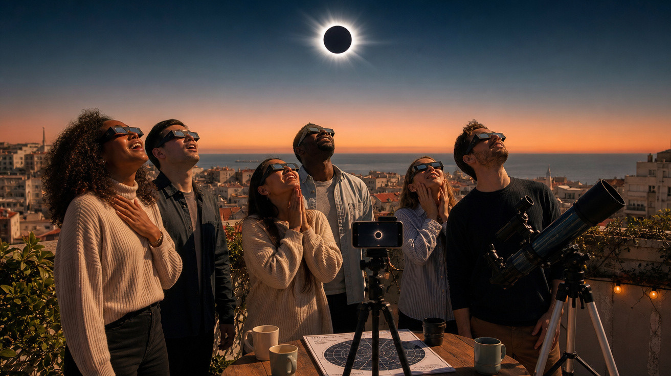 Grupo de pessoas usando óculos especiais para observar eclipse solar ao pôr do sol em área urbana.