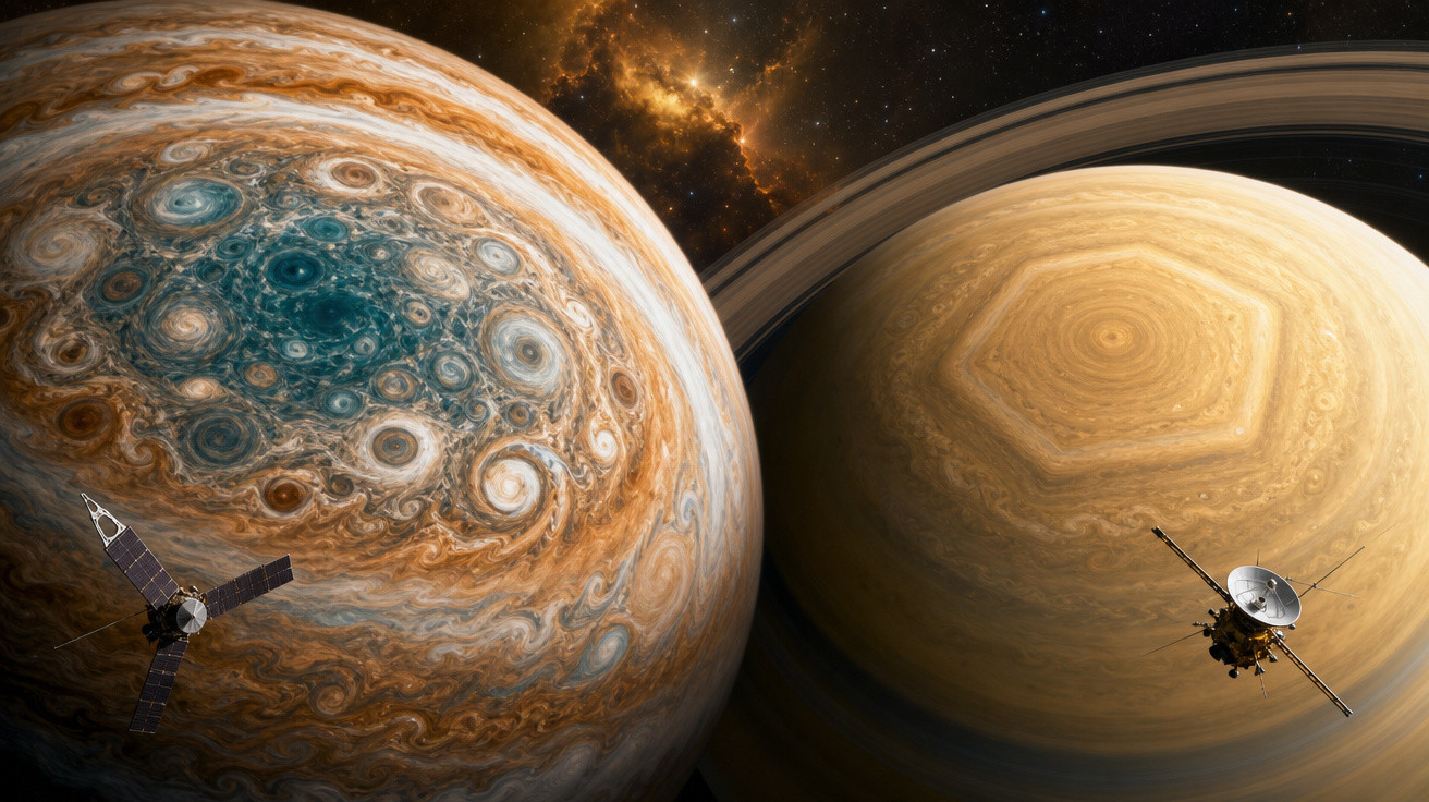 Duas sondas espaciais próximas aos planetas Júpiter e Saturno com seus detalhes atmosféricos visíveis.