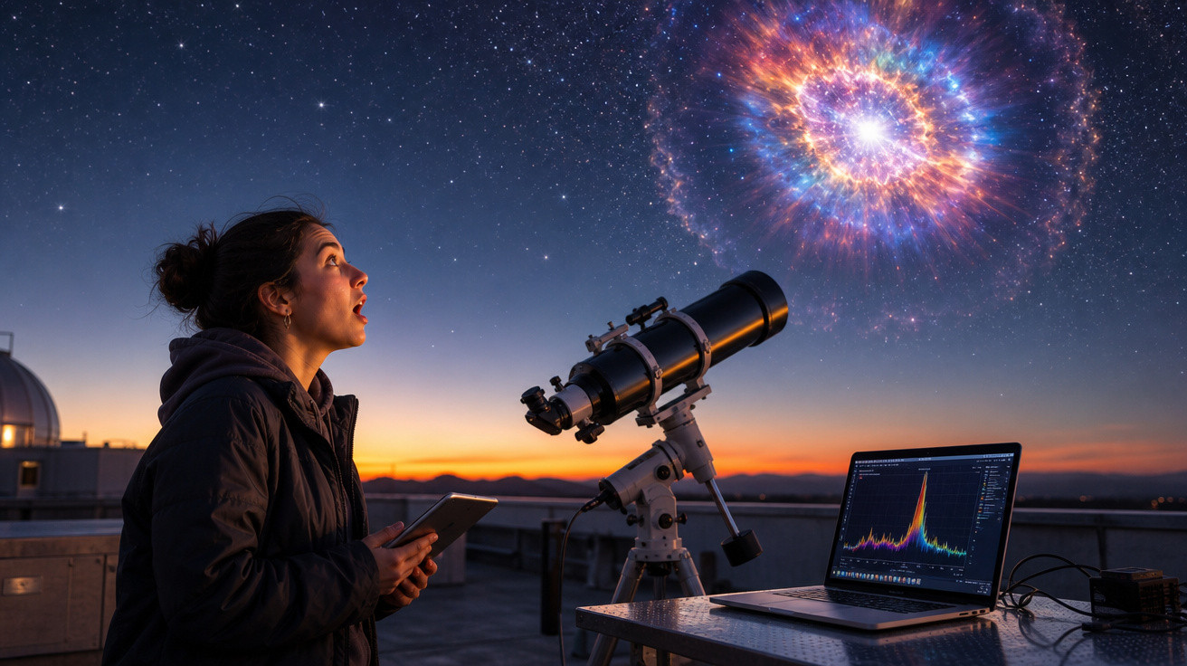 Mulher observando telescópio sob céu estrelado com explosão colorida e laptop com gráficos em mesa metálica.