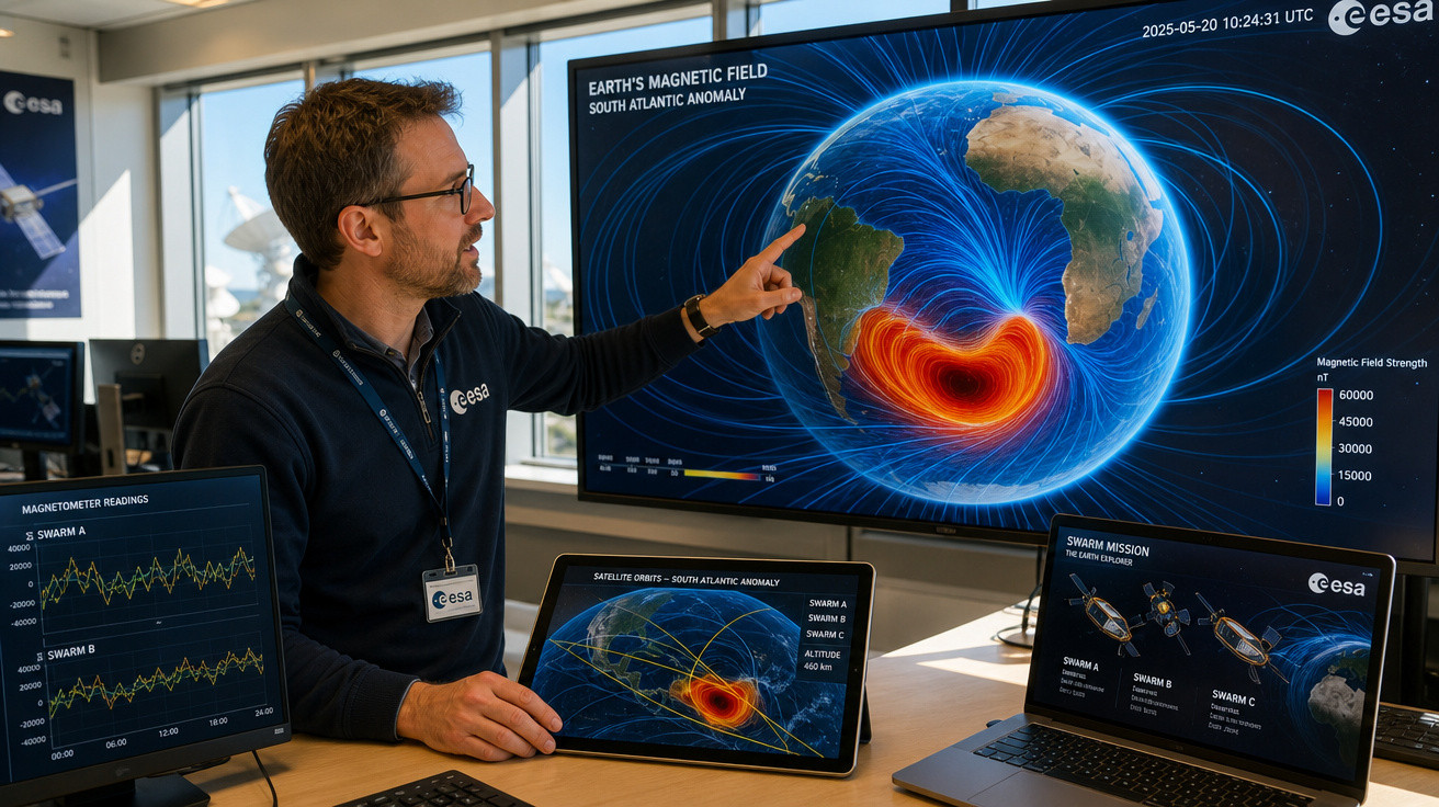 Pesquisador da ESA aponta para tela mostrando anomalia magnética no Atlântico Sul com dados e gráficos.