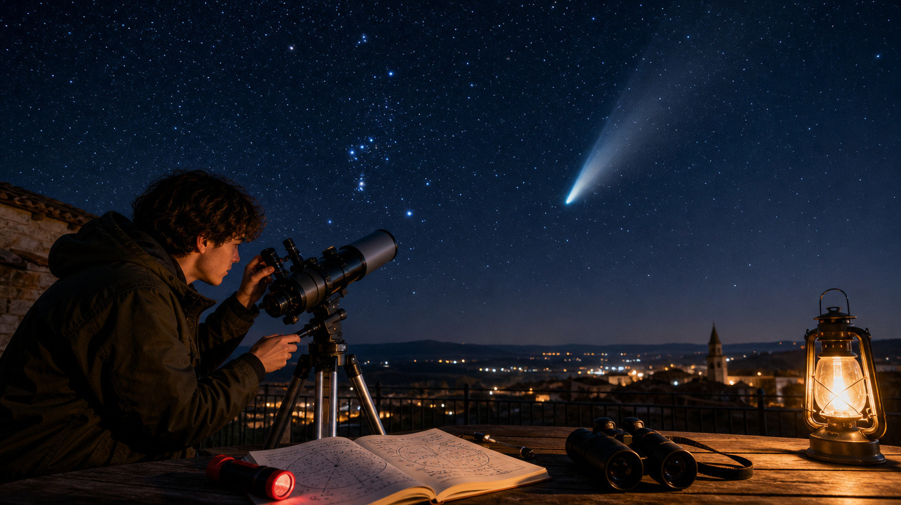 Jovem observando com telescópio um cometa brilhante no céu estrelado, com caderno e lanterna sobre a mesa.