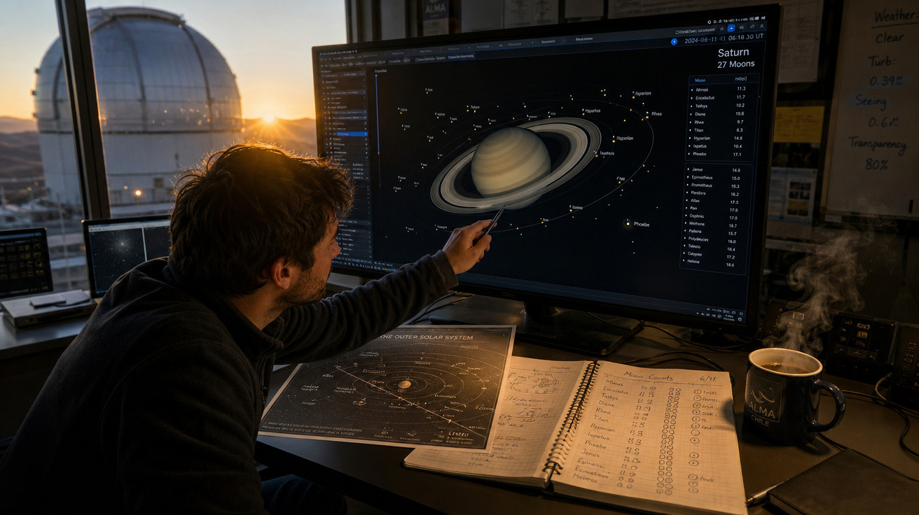 Homem em laboratório astronômico aponta para tela com imagem detalhada do planeta Saturno e anéis.