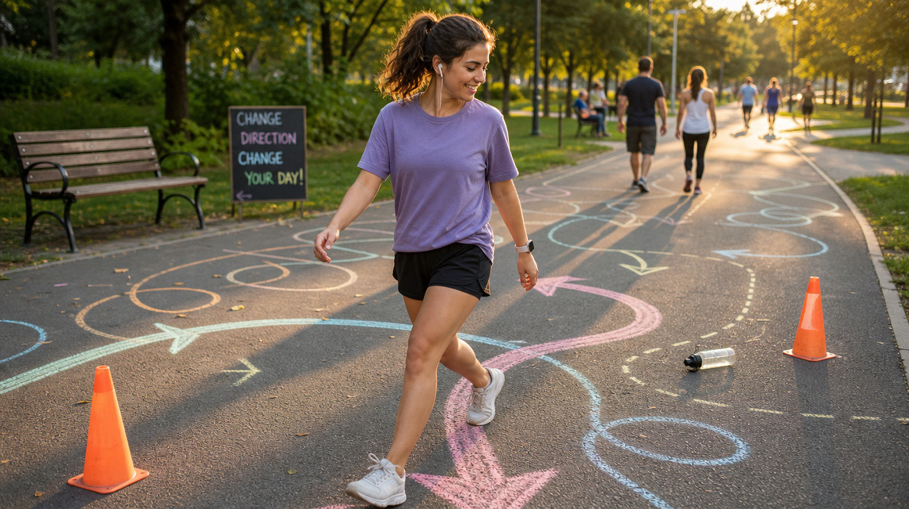 Mulher com camiseta roxa e shorts brinca em parque com desenhos coloridos de giz no chão.