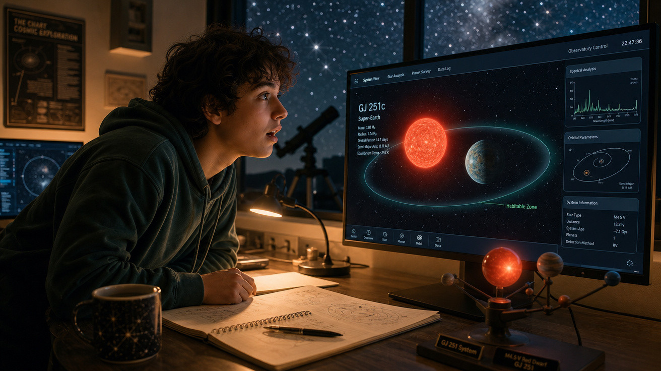 Jovem estudando sistema planetário em computador com modelo de planetas e céu estrelado ao fundo.