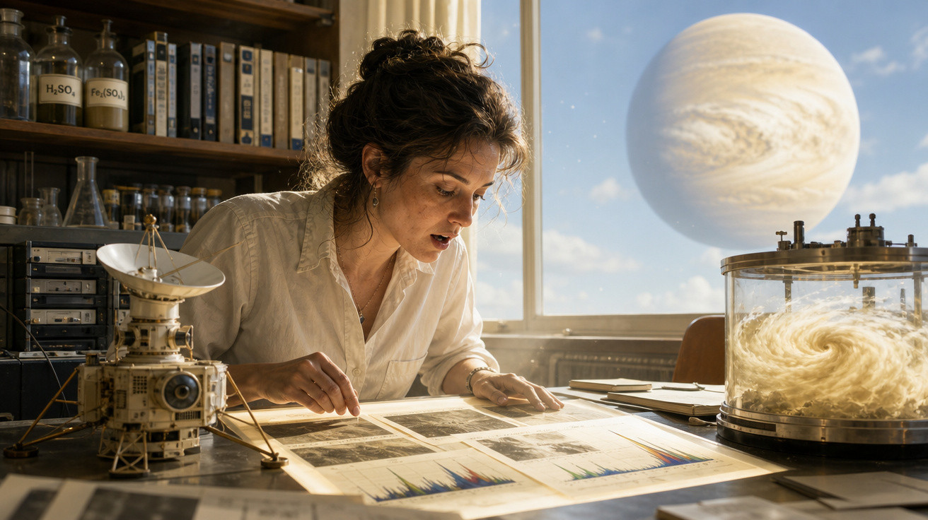 Mulher cientista analisa dados em mesa com modelos e gráficos, com planeta gigante visível na janela.