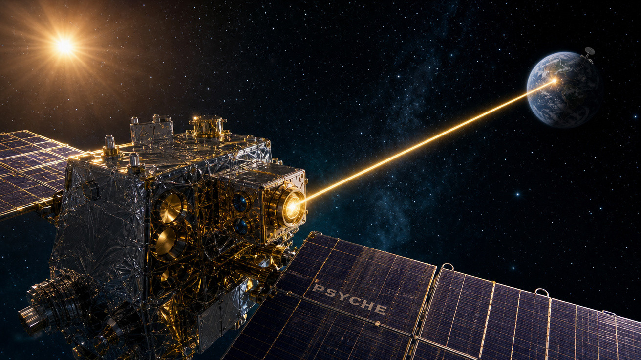 Sonda espacial Psyche enviando feixe de energia da superfície de um planeta em direção à Terra no espaço.