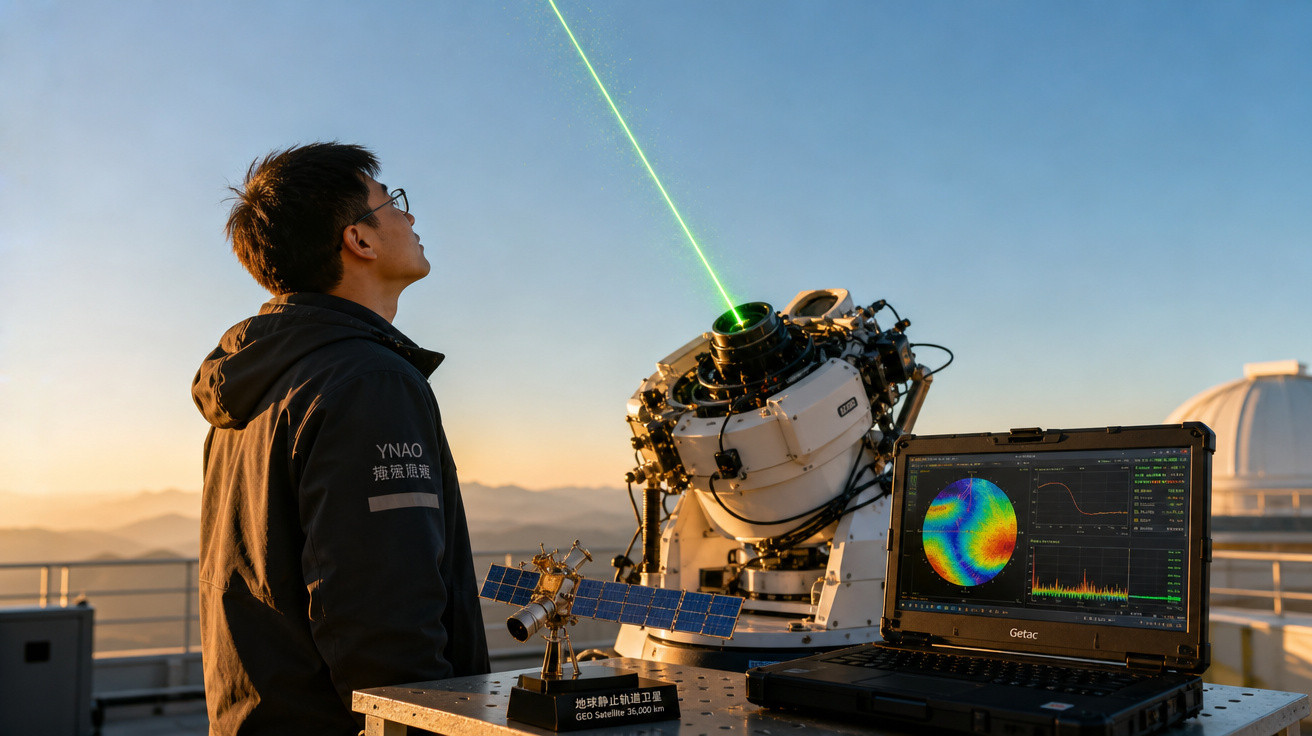 Homem observa feixe de laser verde saindo de equipamento astronômico ao pôr do sol em observatório.