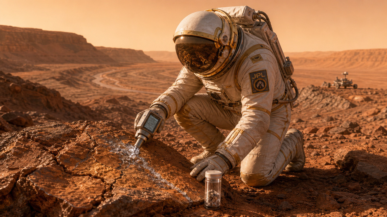 Astronauta em traje espacial coleta amostras de rocha em terreno árido avermelhado com rover ao fundo.