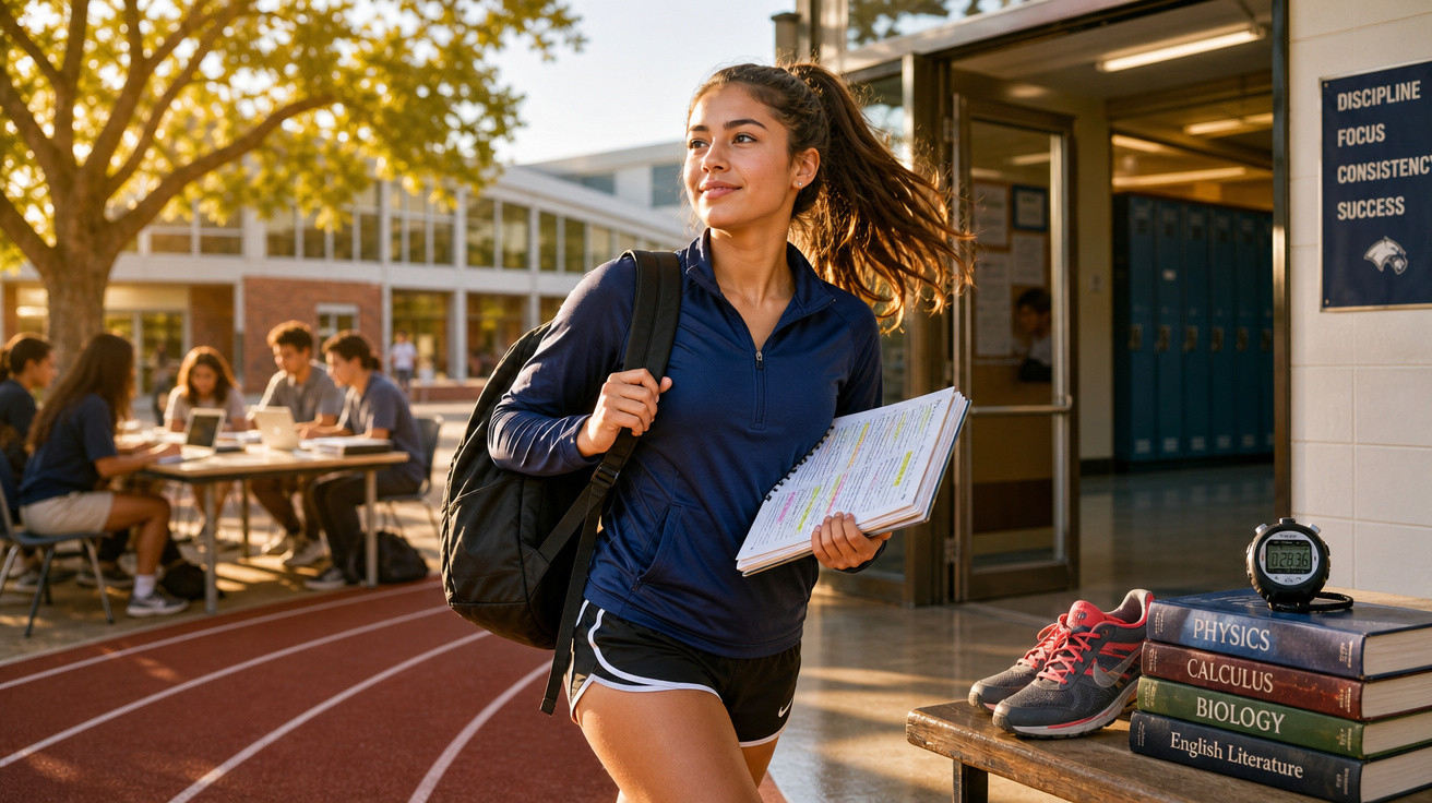 Jovem estudante com mochila e caderno caminham em pista esportiva, ao lado de livros e tênis de corrida.