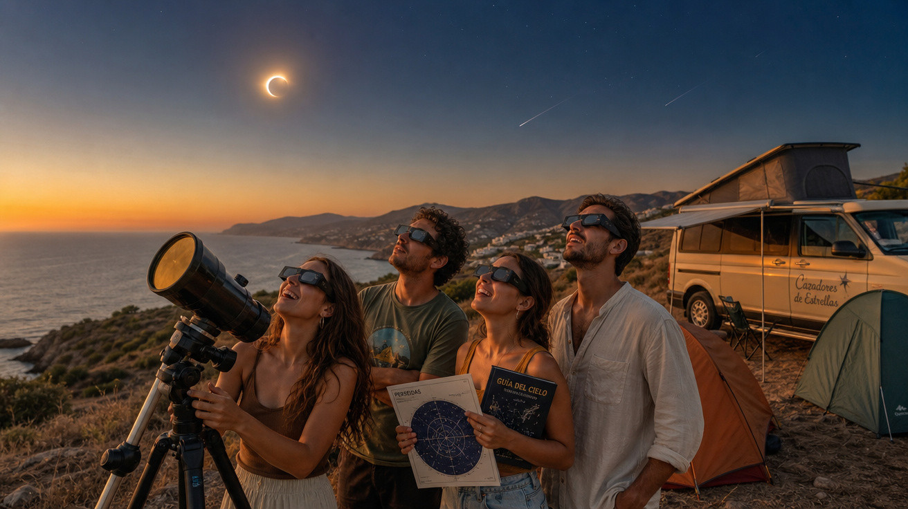 Quatro pessoas usando óculos de proteção observam eclipse solar com telescópio em acampamento no litoral.