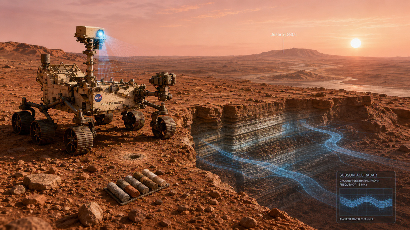 Rover Perseverance explorando superfície marciana próxima a cânion, com análise de radar subterrâneo em ação.