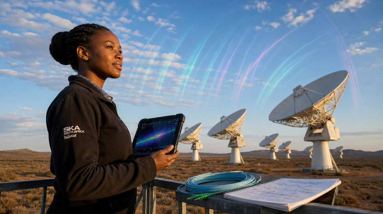 Mulher com tablet próximo a antenas parabólicas em área aberta sob céu azul com nuvens.
