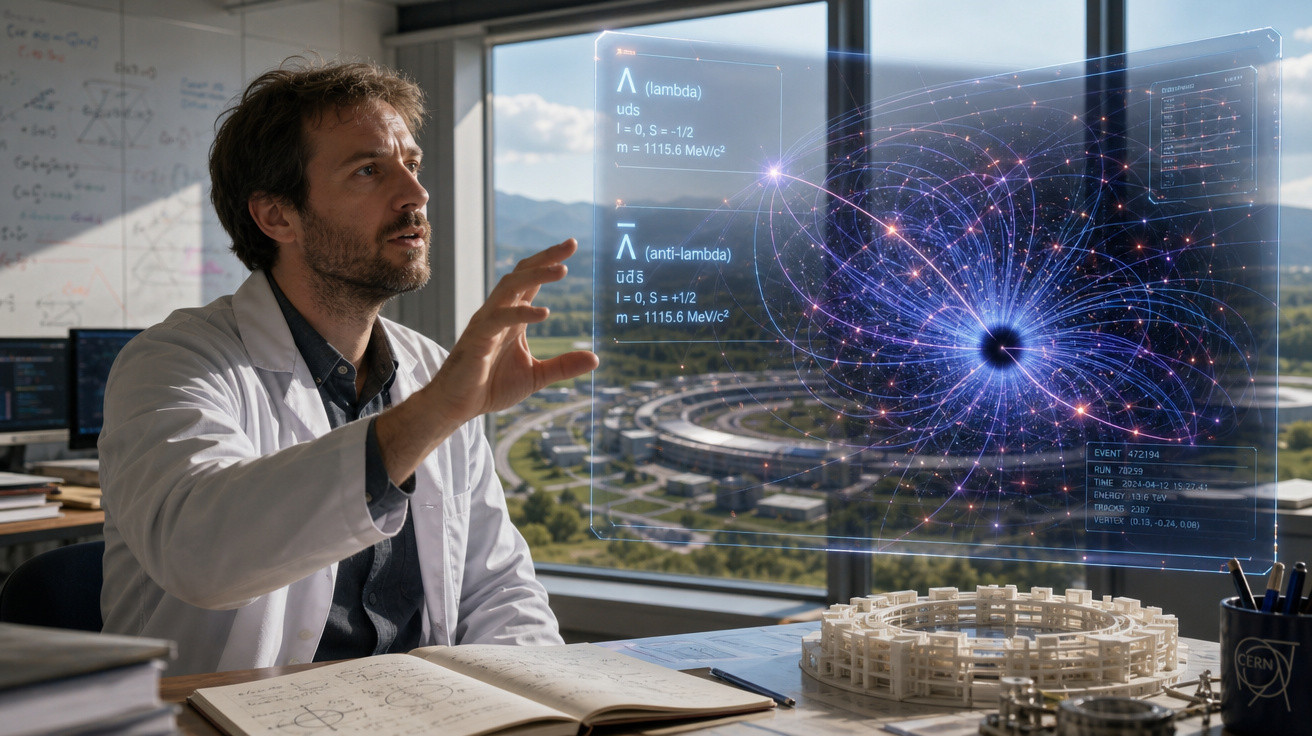 Cientista em laboratório interagindo com holograma de partículas e modelo de acelerador de partículas.
