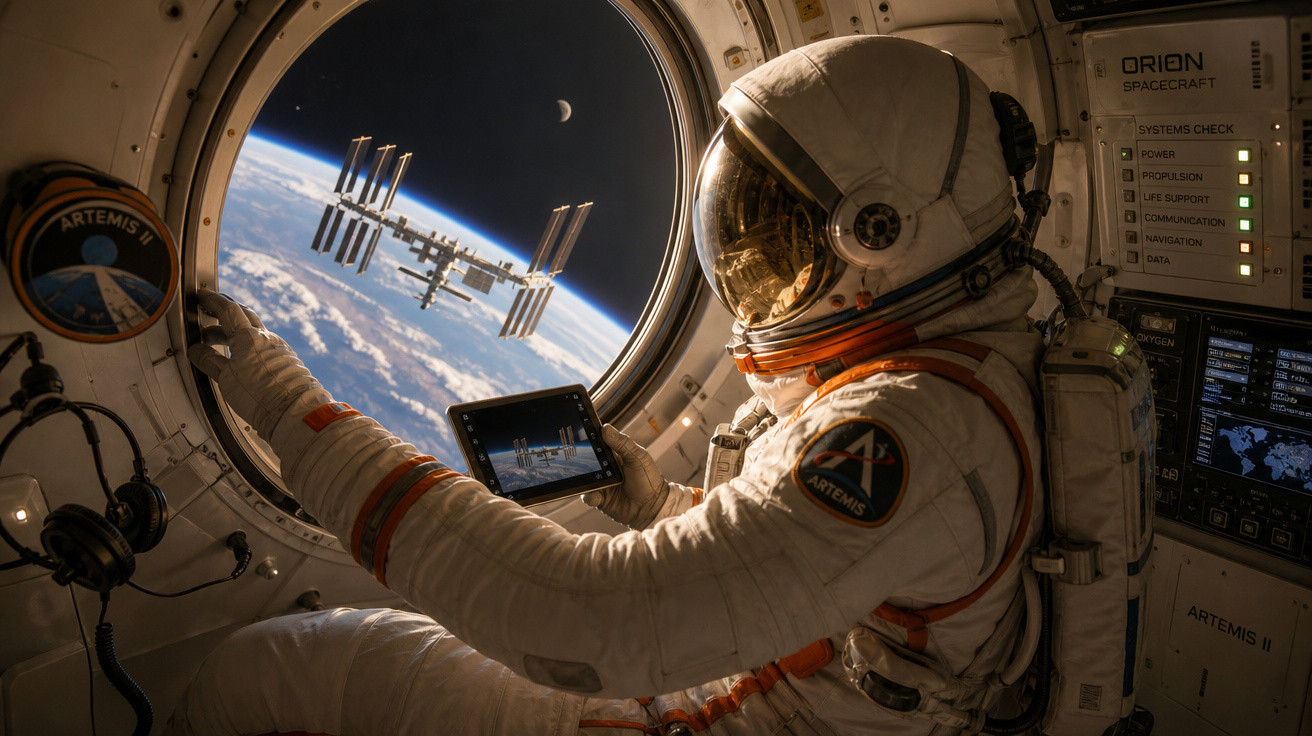 Astronauta dentro de nave espacial observando a Estação Espacial Internacional pela janela circular no espaço.