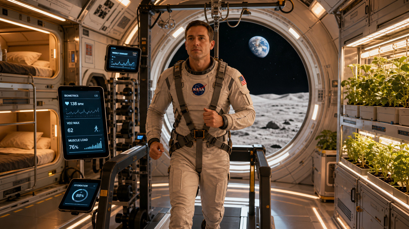 Astronauta exercitando em esteira dentro de base lunar com a Terra visível no espaço pela janela.