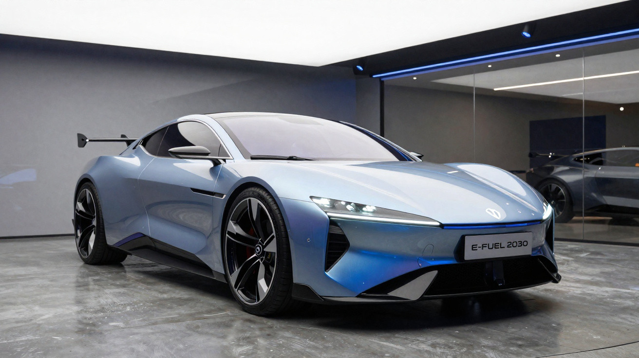 Carro esportivo elétrico azul prateado E-FUEL 2030 estacionado em ambiente moderno e minimalista.