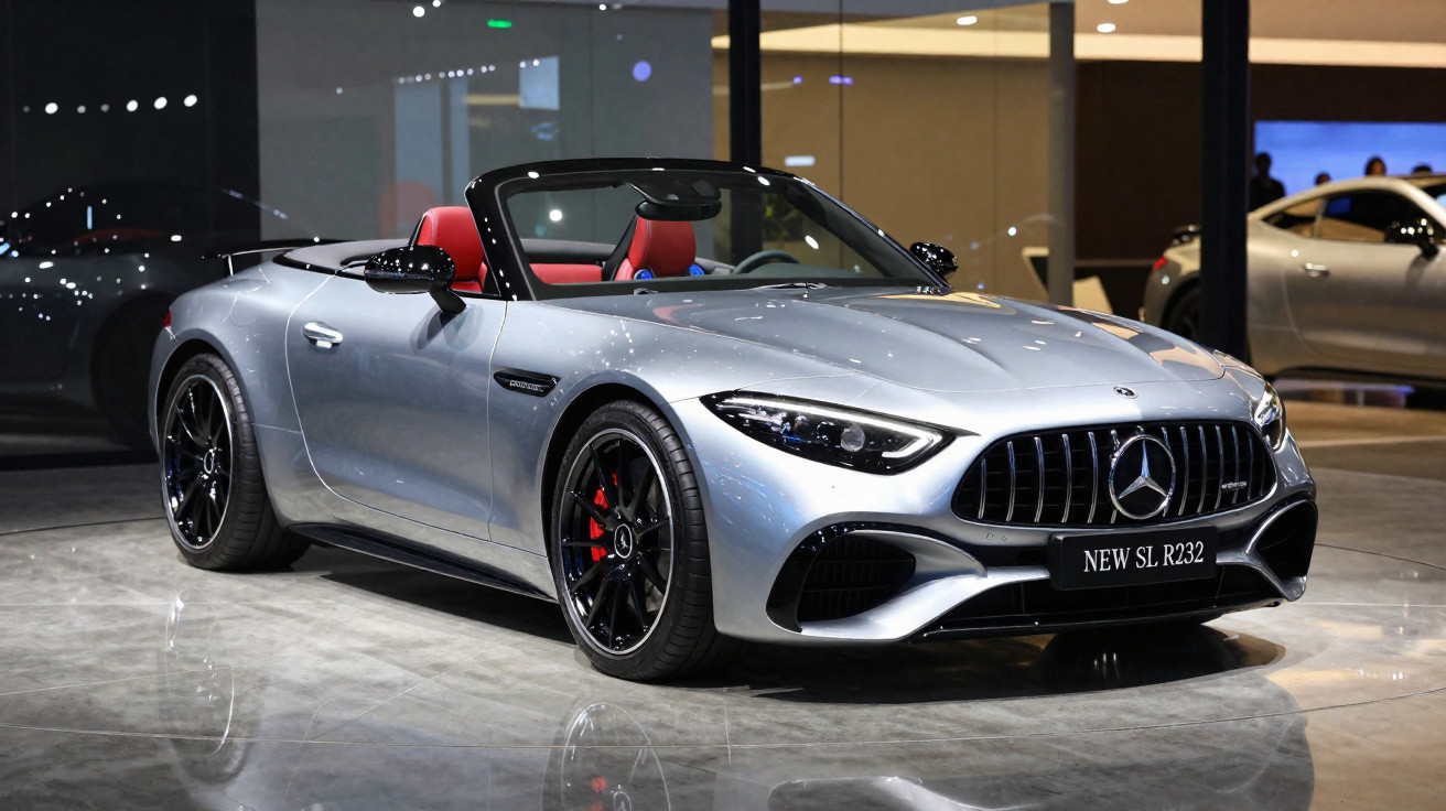 Carro esportivo conversível prata com interior vermelho exibido em showroom moderno.
