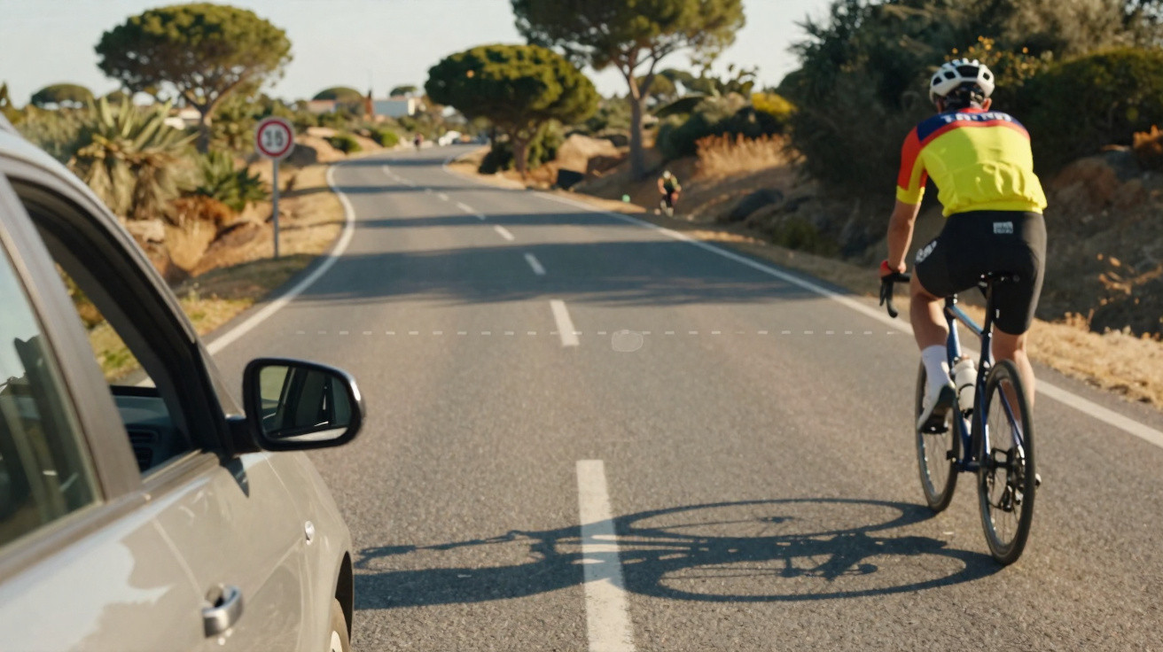 Ciclista com uniforme colorido pedala na estrada à direita, com carro branco ao lado em área rural ensolarada.