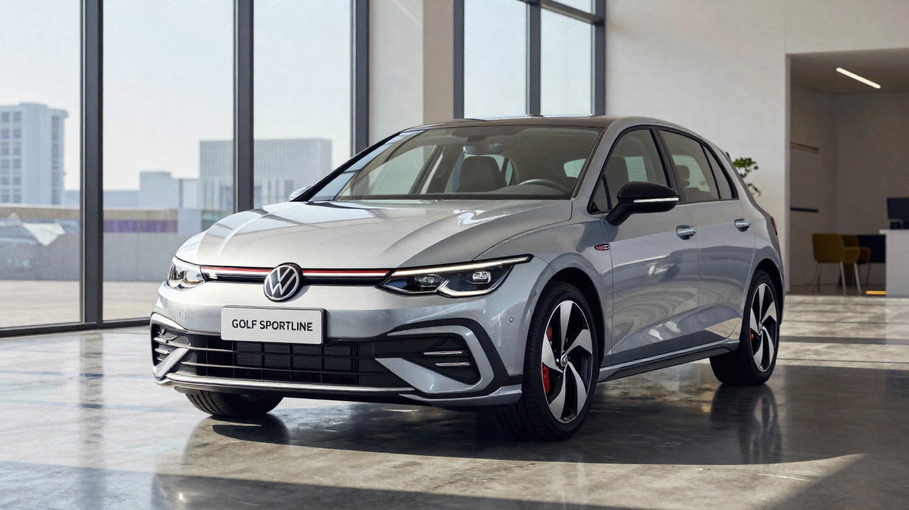 Carro Volkswagen Golf Sportline prata estacionado em ambiente interno moderno com janelas amplas.