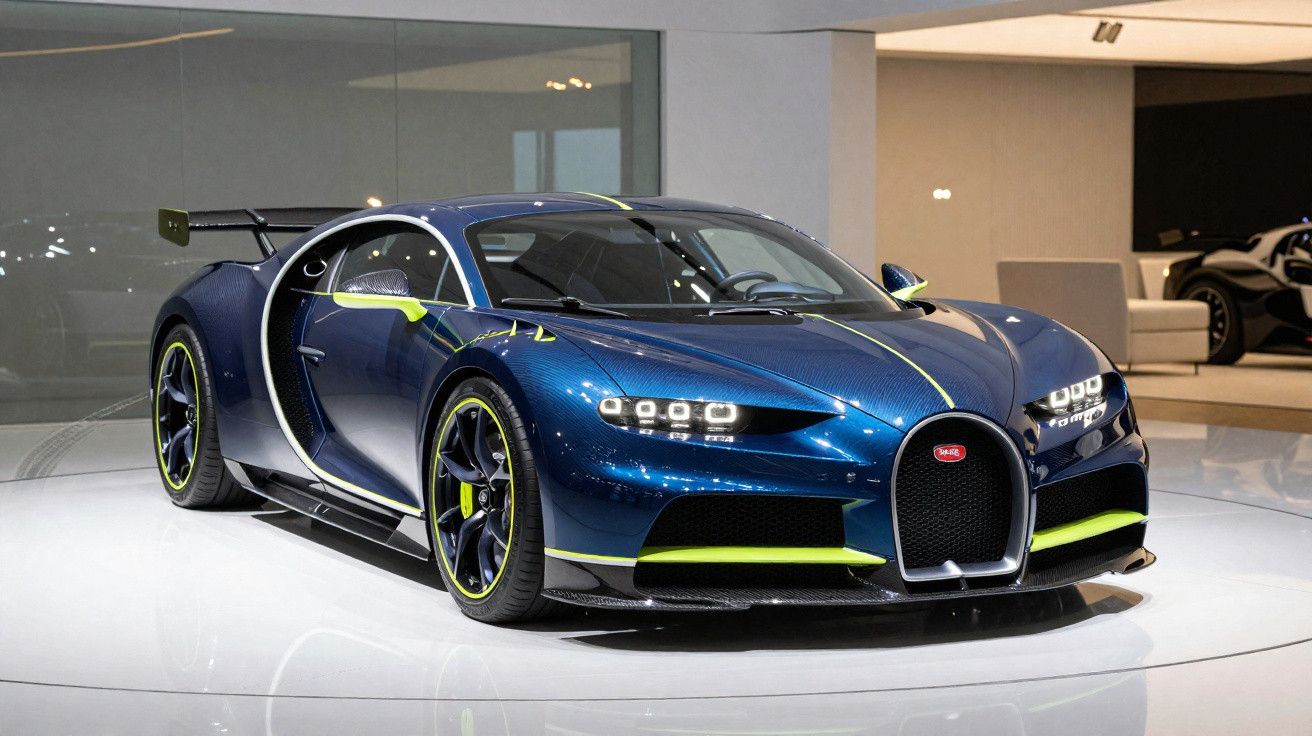 Carro esportivo Bugatti Chiron azul com detalhes em amarelo exibido em salão moderno.