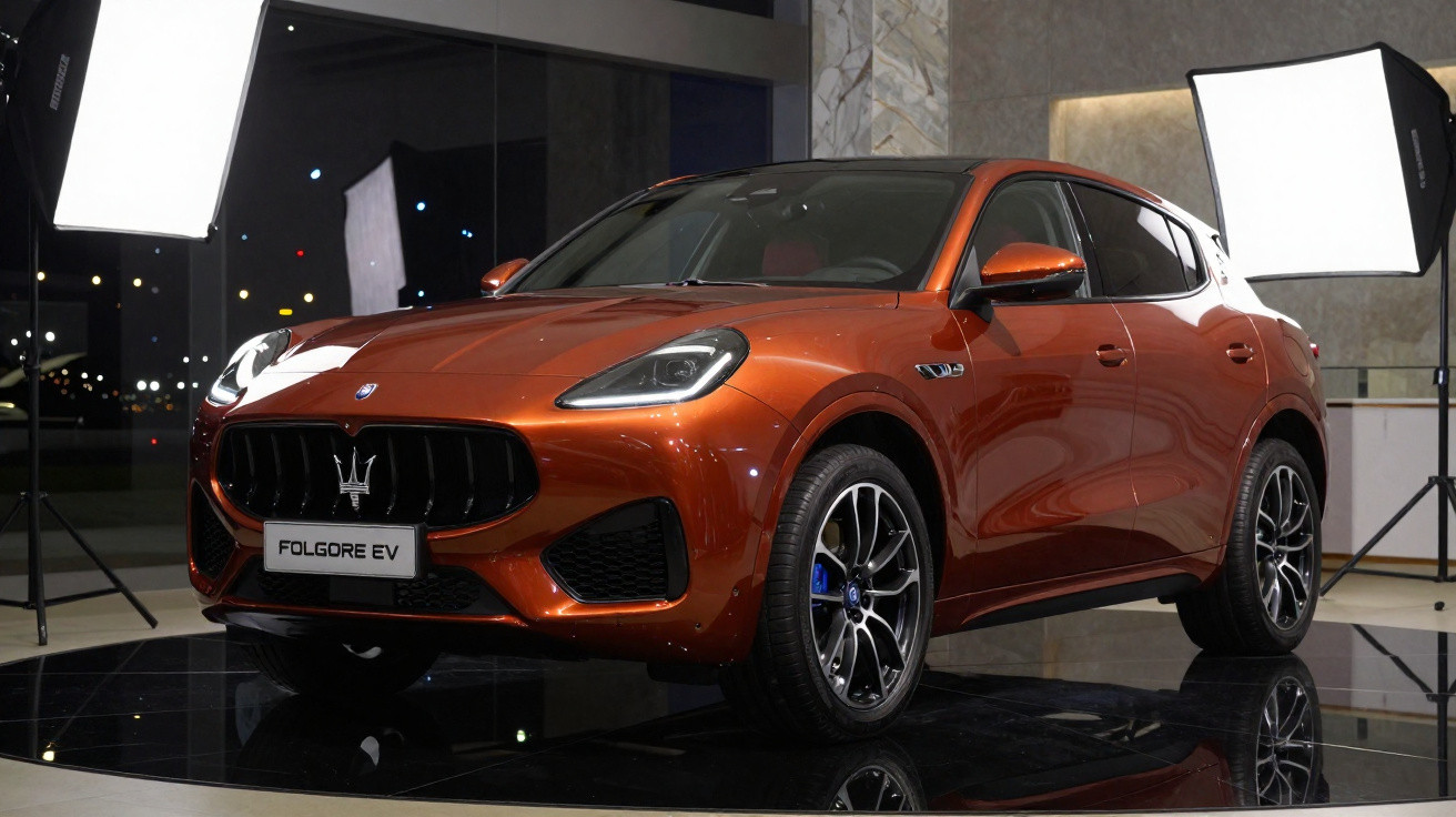 Carro SUV Maserati Folgore EV laranja em estúdio com iluminação profissional.