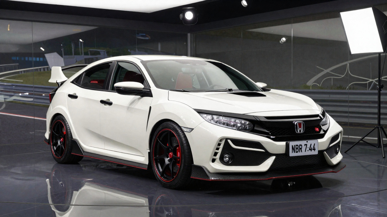 Carro esportivo branco Honda Civic RS com rodas pretas e detalhes vermelhos em estúdio.