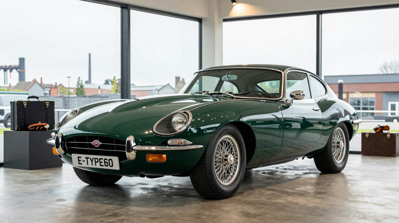 Carro clássico Jaguar E-Type 60 verde escuro em exposição dentro de showroom moderno.