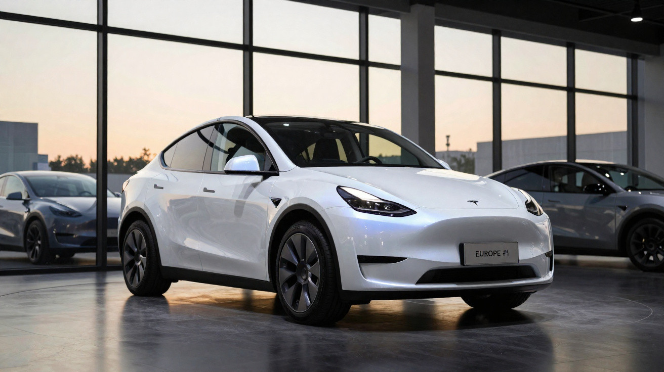 Carro elétrico Tesla branco estacionado em showroom com grandes janelas ao fundo ao pôr do sol.