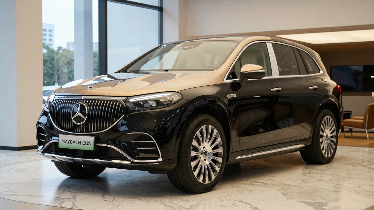 SUV Maybach EQS preto estacionado em showroom moderno com piso de mármore.