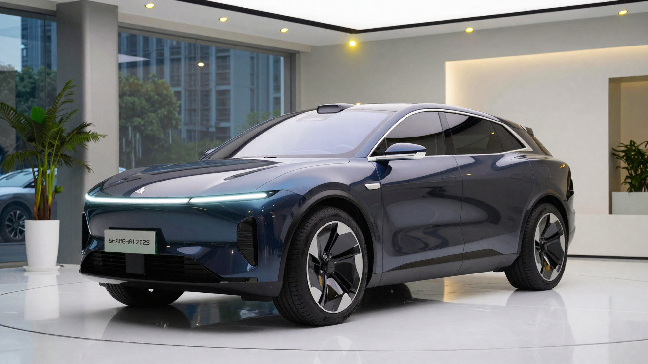 Carro elétrico SUV azul escuro com design futurista exposto em ambiente interno moderno.