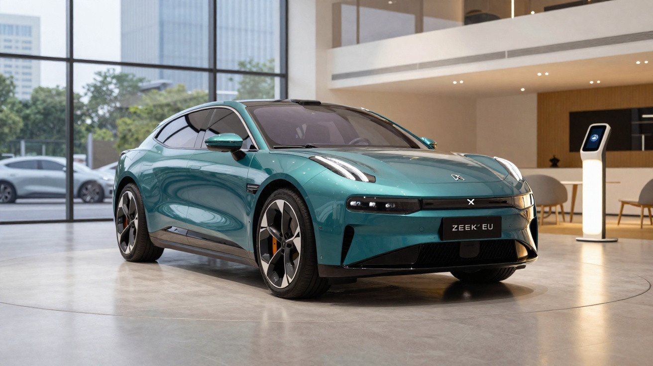 Carro elétrico esportivo verde em showroom moderno com vidro e estação de recarga ao fundo.