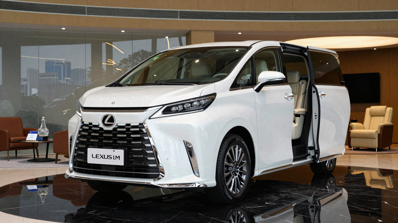 Minivan branca Lexus LM com porta lateral deslizante aberta em showroom de luxo.