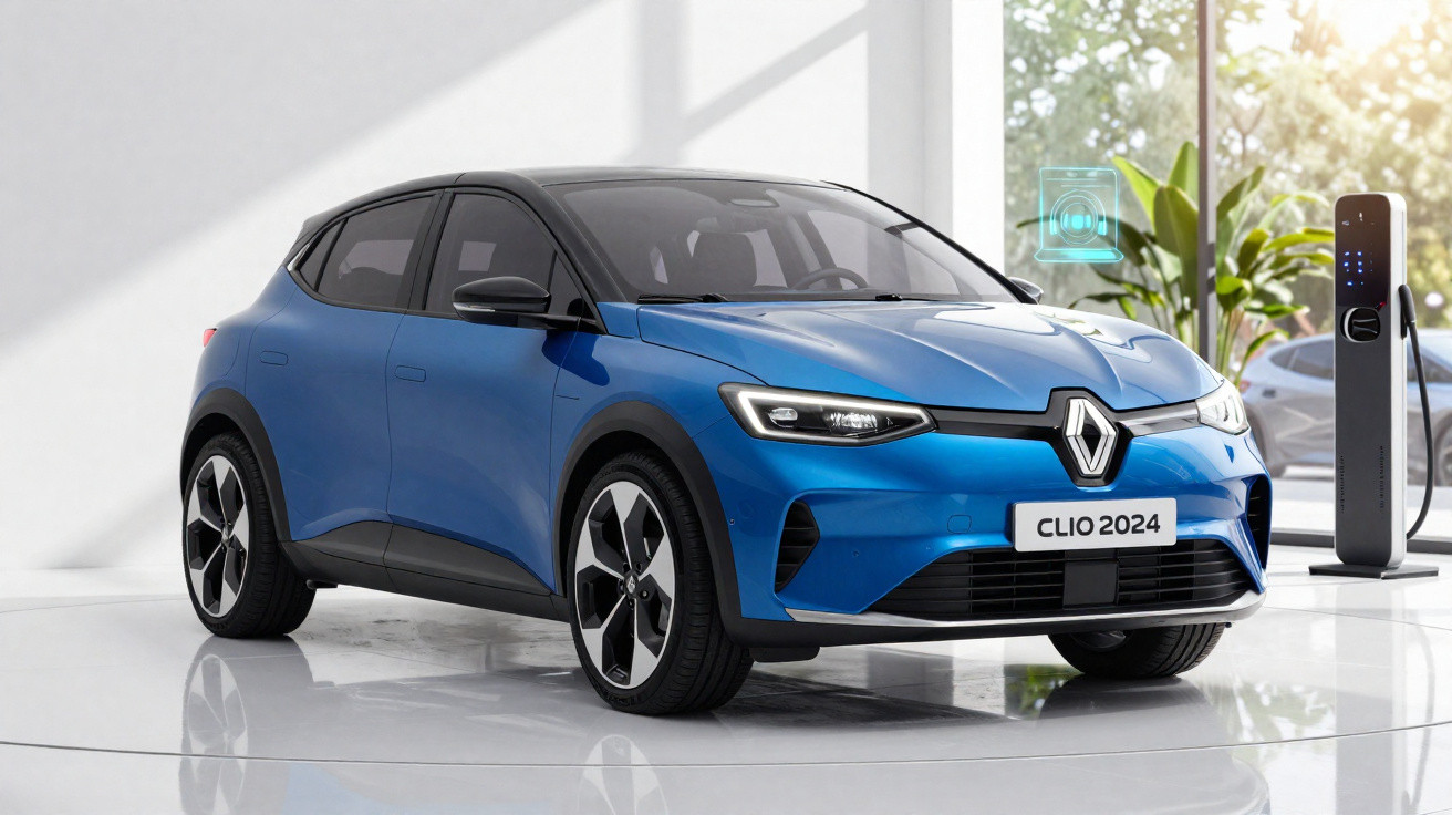 Carro elétrico Renault Clio 2024 azul estacionado em ambiente moderno com carregador ao lado.