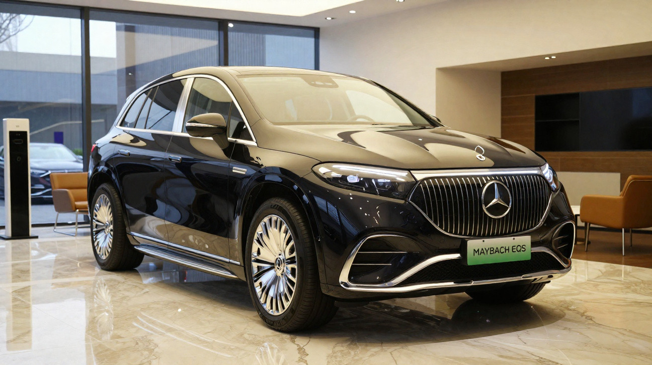 Mercedes-Benz Maybach EQS preto exposto em showroom moderno com piso de mármore.