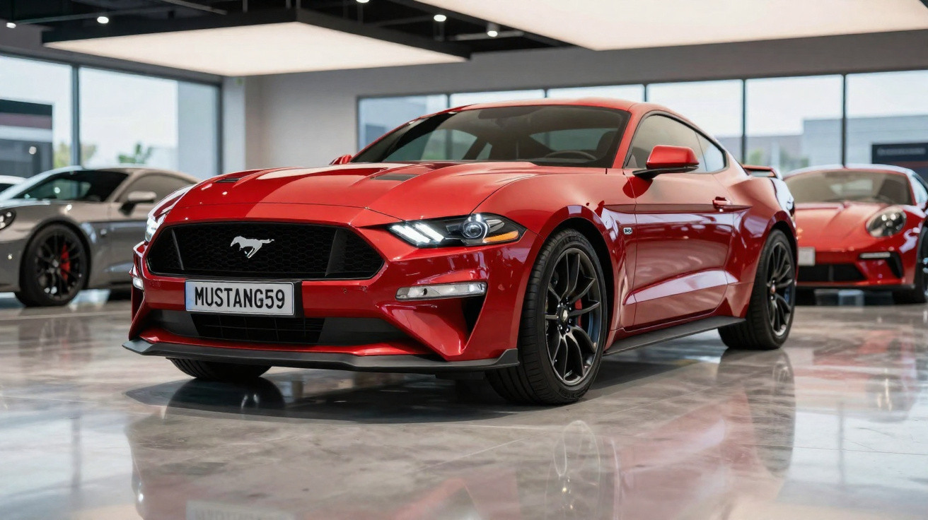 Carro esportivo vermelho Ford Mustang em showroom com acabamento brilhante e rodas pretas.
