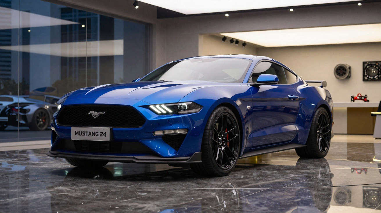 Carro esportivo Ford Mustang azul em exposição interna com rodas pretas e iluminação moderna.