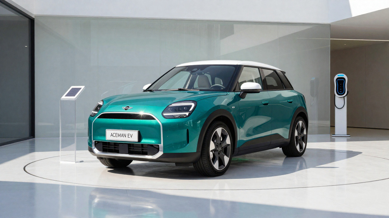 Carro elétrico Aceman EV verde com teto branco em exposição moderna e carregador ao fundo.
