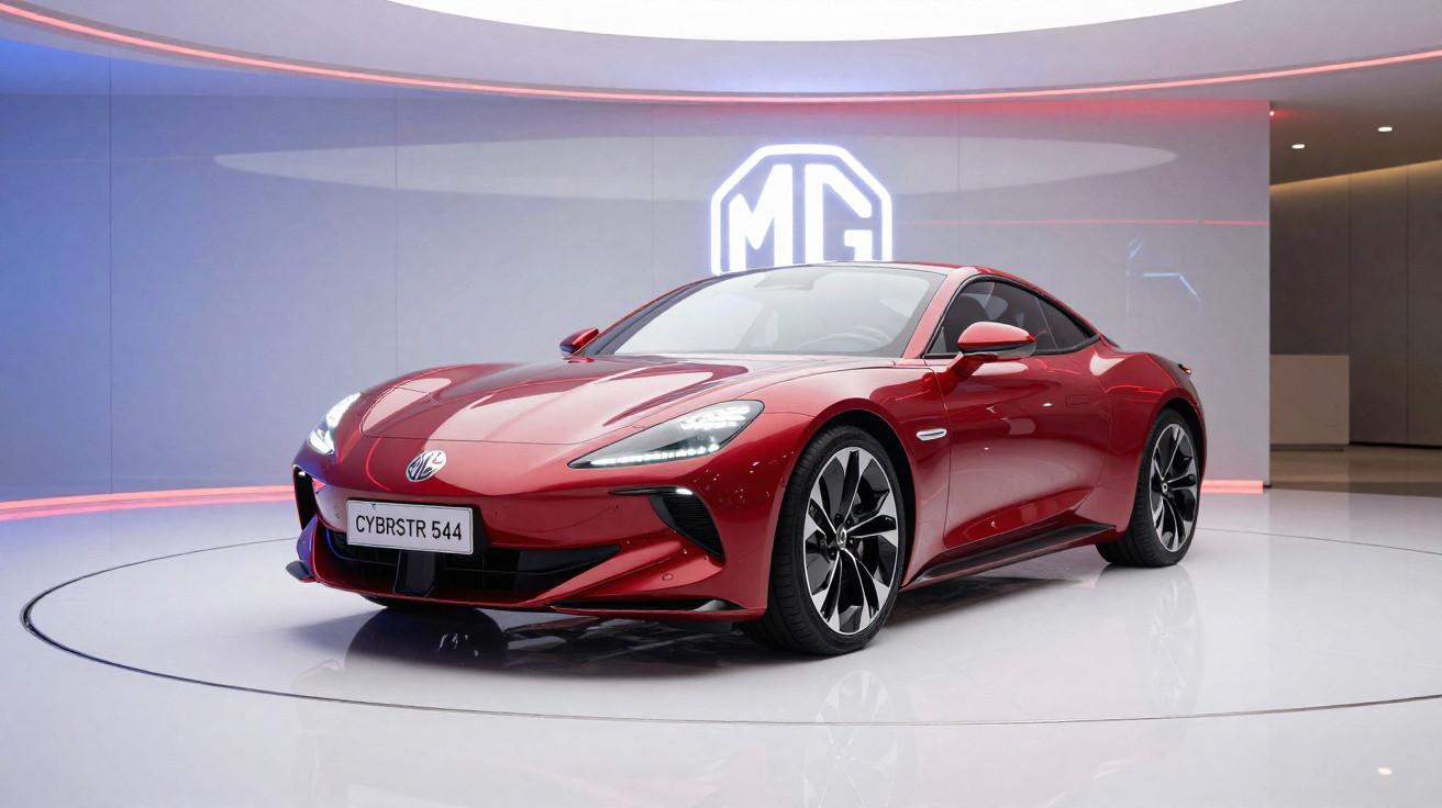Carro esportivo vermelho MG Cyberster 544 em exposição com logo MG ao fundo.
