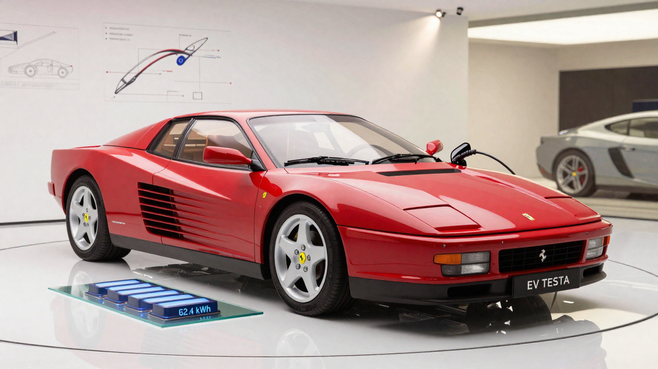 Carro esportivo vermelho Ferrari EV Testa exposto em museu com bateria elétrica ao lado.