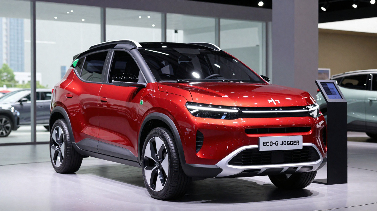 Carro SUV vermelho elétrico Eco-G Jogger exibido em salão automotivo moderno com teto preto.