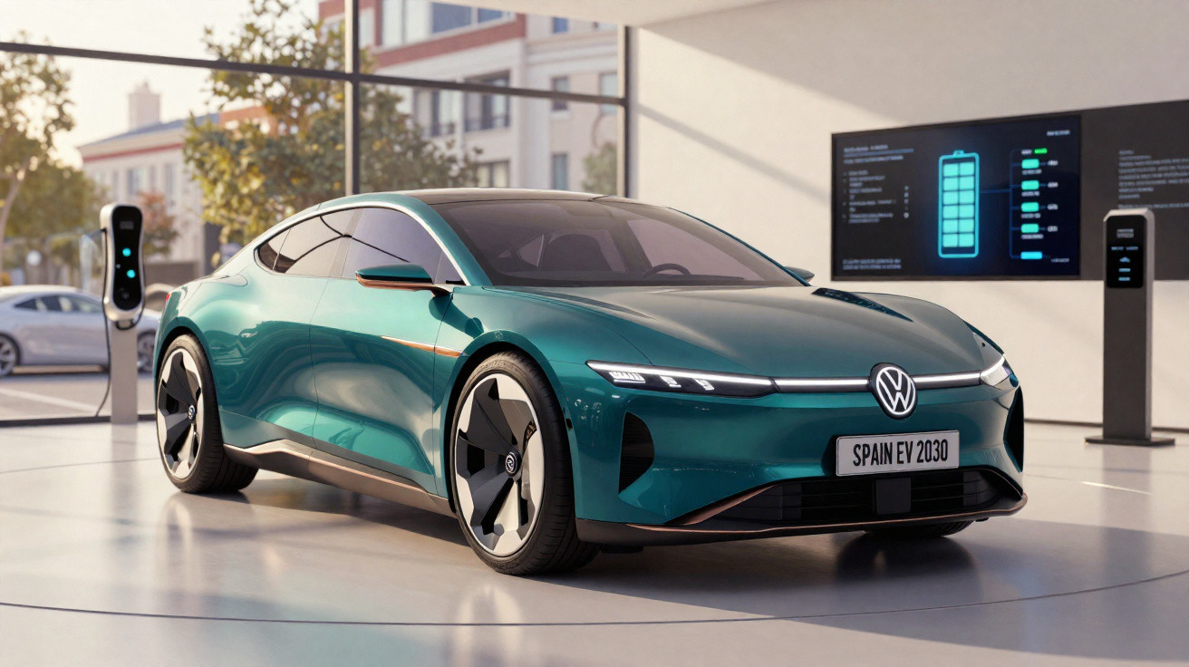 Carro elétrico Volkswagen verde metálico sendo carregado em estação de recarga em ambiente moderno.