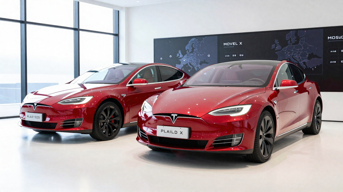 Dois carros elétricos vermelhos Tesla Model S estacionados em showroom moderno com paredes brancas e janelas grandes.