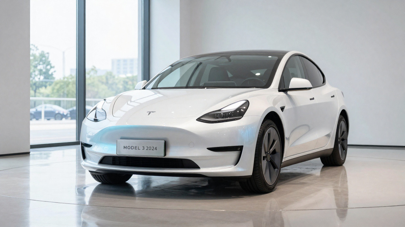 Carro elétrico Tesla Model 3 2024 branco exibido em showroom moderno e iluminado.