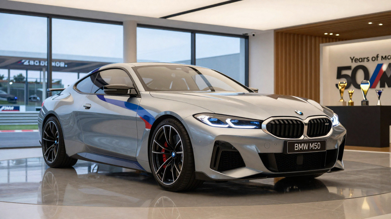 Carro esportivo BMW M50 prata exibido em showroom moderno com decoração minimalista e troféus ao fundo.
