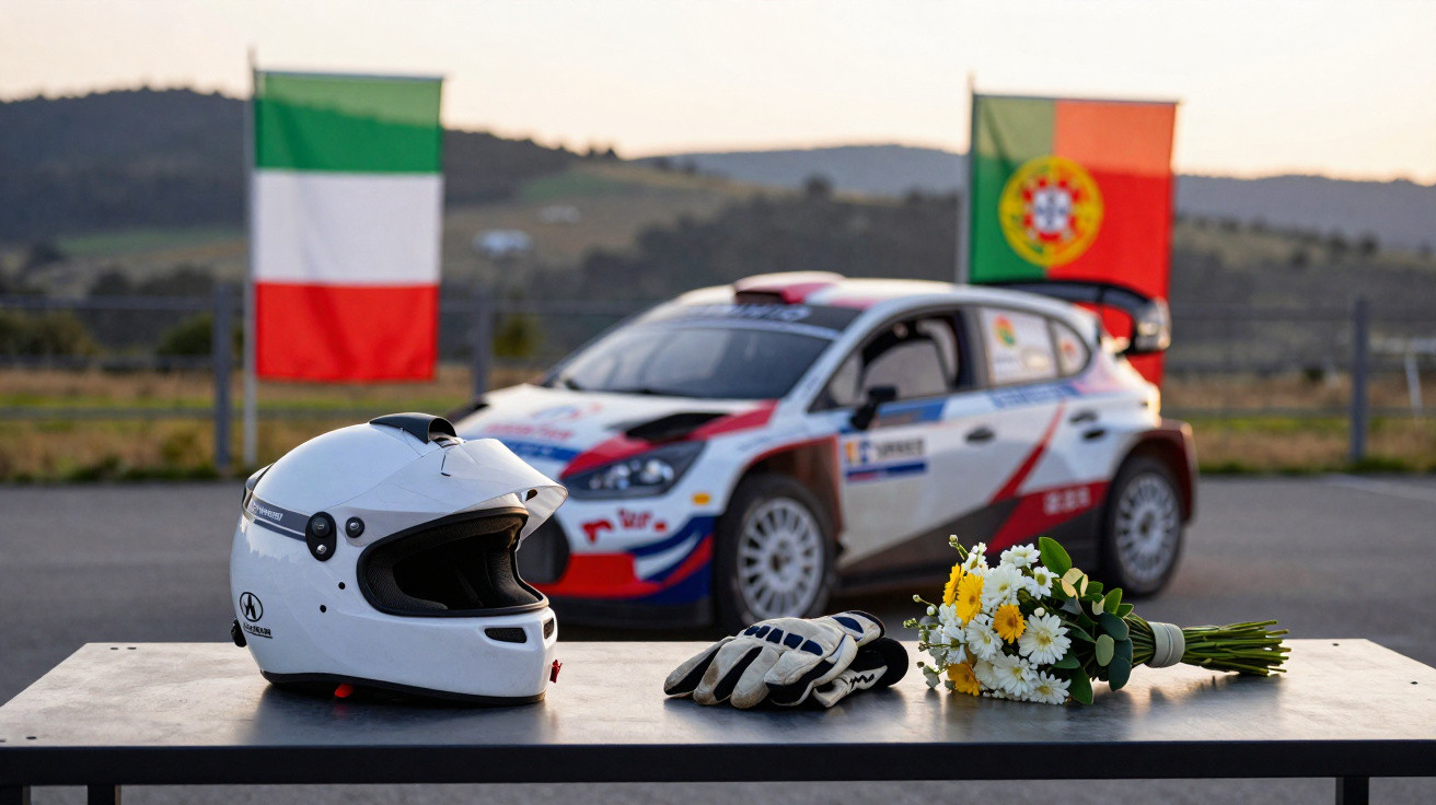 Capacete, luvas e buquê sobre mesa, carro de rally e bandeiras da Itália e Portugal ao fundo.