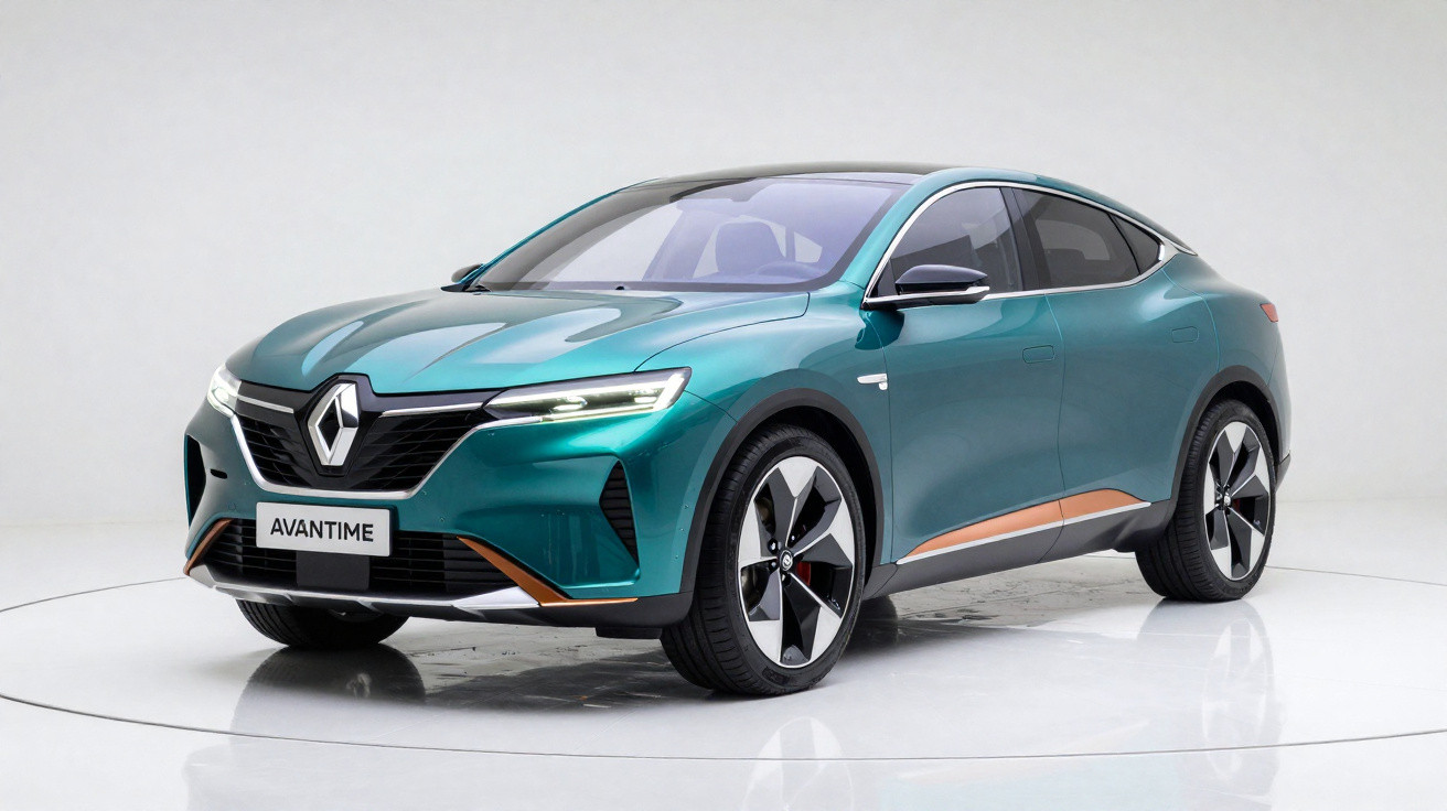 Carro elétrico Renault Avantime azul metálico em estúdio com fundo branco.