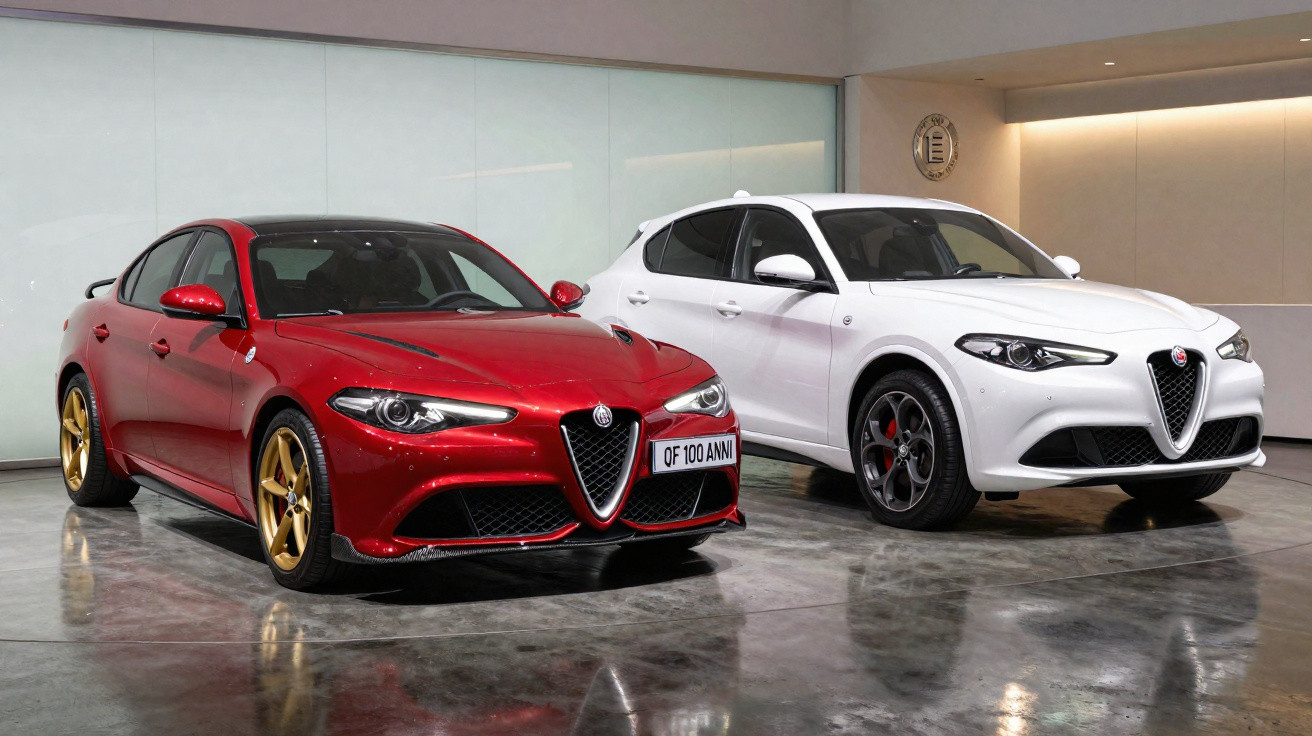 Dois carros Alfa Romeo em exibição, sedã vermelho com rodas douradas e SUV branco em ambiente interno.